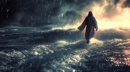 Jesus walking on water during a stormy night, digital illustration