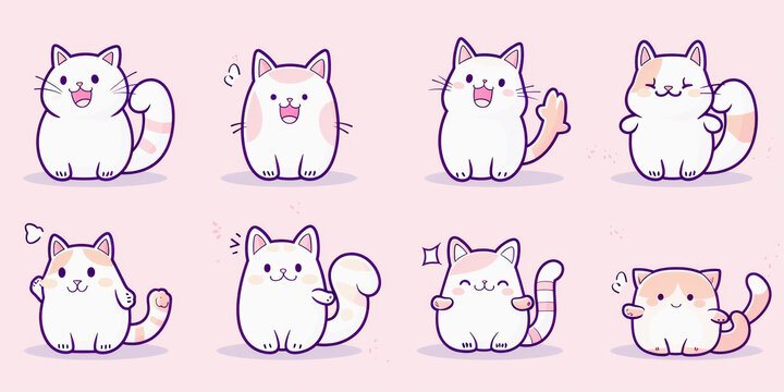 Eight cute animated cat characters in various playful poses with pastel purple background, displaying diverse happy and cheeky expressions.