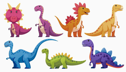 Colorful cartoon illustrations of various friendly-looking dinosaurs, including a Triceratops and a Stegosaurus, on a white background.
