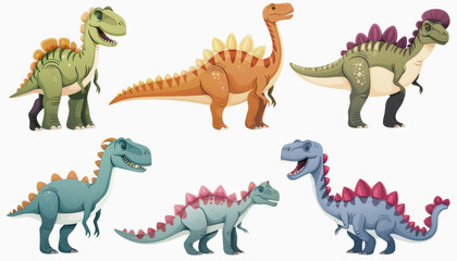 Illustration of six different cartoon dinosaurs, showcasing various species with colorful features.