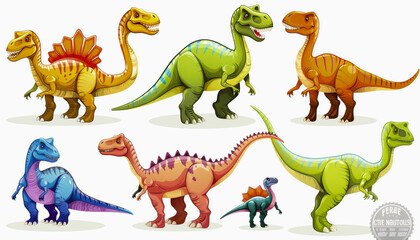 Cartoon illustrations of various colorful dinosaurs, including a Stegosaurus and a Tyrannosaurus Rex, depicted in a friendly and whimsical style.