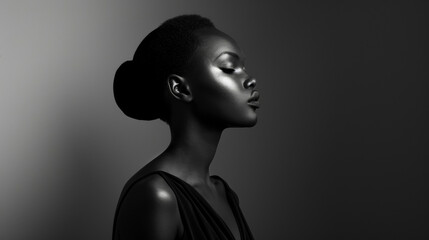 In a classic black and white portrait a poised black woman embraces the elegance of timeless...