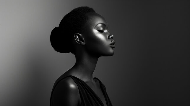 In a classic black and white portrait a poised black woman embraces the elegance of timeless fashion. The monochrome tones draw attention to the fine details and clean lines of her .