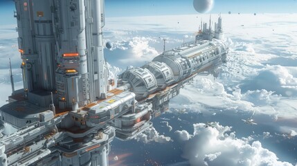 Futuristic Space Elevator Terminal: Embarkation Point for Orbiting Space Stations - obrazy, fototapety, plakaty