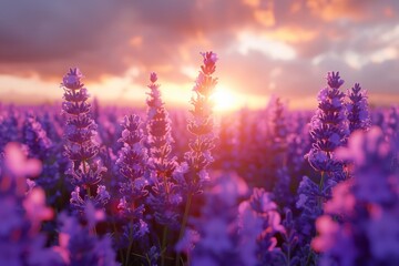 Lavender field at sunset with radiant colors and dreamy atmosphere, invoking peace and natural beauty.

