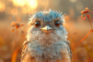 Charming, fluffy bird with whimsical blue feathers, captured in golden hour light, looking curiously.

