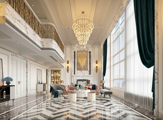 3d render of luxury home interior, living room - obrazy, fototapety, plakaty
