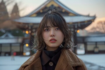 Obraz premium Young Asian Woman in Stylish Winter Attire Posing in Front of Traditional Temple at Dusk