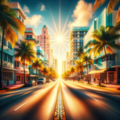 avenue de palmier au milieu de bâtiments colorés golden hour - obrazy, fototapety, plakaty