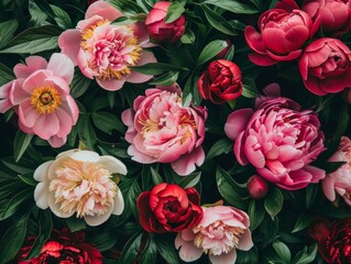 Beautiful display of numerous pink and red peonies in full bloom, floral paradise in vibrant hues