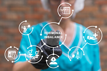Gynecologist using virtual touch screen presses inscription: HORMONAL IMBALANCE. Hormonal imbalance medicine and healthcare concept. Hormone disproportion. Female hormonal imbalance. - obrazy, fototapety, plakaty
