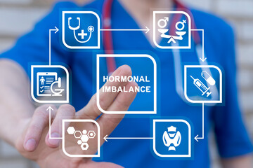 Doctor using virtual touch screen presses inscription: HORMONAL IMBALANCE. Hormonal imbalance...