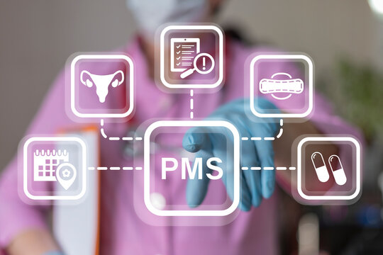 Doctor using virtual touch screen presses abbreviation: PMS. PMS Premenstrual Syndrome Medical concept.