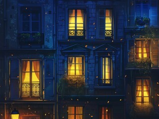 Realistic night paris street with night flash on windows, dark blue and yellow colors