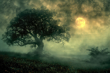 Eerie fog shrouded tree under a full moon, green mystical oak silhouette