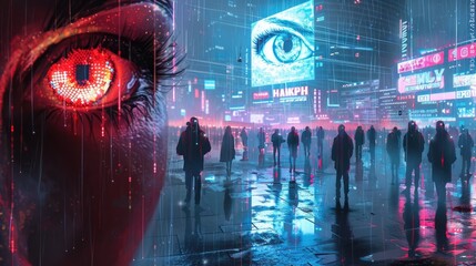 Omnipresent AI: A Dystopian Society Shackled by Cybernetic Surveillance - obrazy, fototapety, plakaty