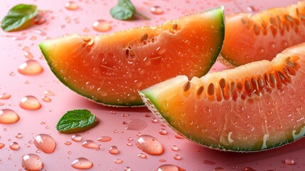 Slices of cantaloupe on a simple pastel colored background. 