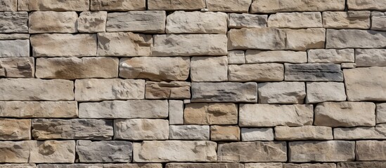Fototapeta premium A close-up view of a textured stone wall with a red fire hydrant standing in front of it
