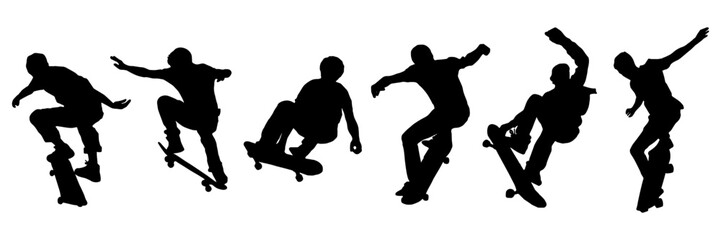 Vector silhouette illustration set of a skater boy skateboarding in various styles