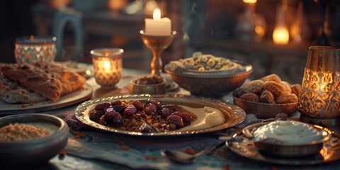 burning candle, Uncover the secrets behind crafting authentic Ramadan dishes,  aromatic blend of dates and almonds healthy fruits and dishes
