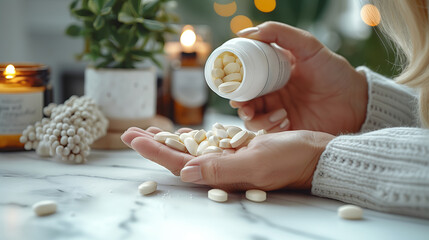 Close-up White pills capsules placed in the hands. Pharmaceutical industry. Man holding bottle, tube on light background. Packaging for pill, Product branding mockup. 