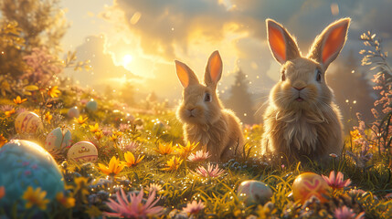 Fototapeta na wymiar A charming countryside scene with adorable animals frolicking amidst a meadow dotted with vibrant Easter eggs, bringing happiness-3