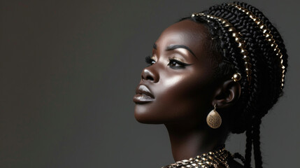 A black woman gazes thoughtfully into the distance her rich dark skin glowing in the light. She is adorned in layers of black and gold jewelry from delicate chains to bold statement .