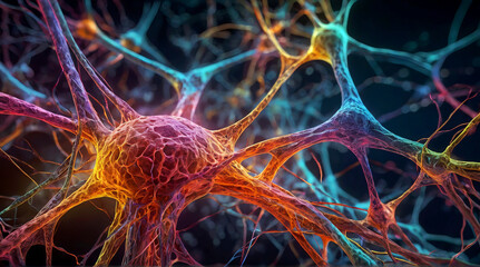 Colorful neural network illustration highlighting the complex connections and activity of brain cells - 775471729