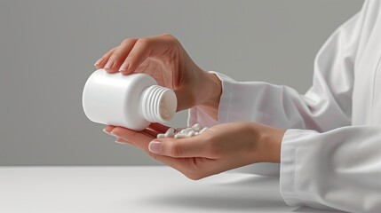 White pills, capsules placed in the hand. Health care concept, pharmaceutical industry. Doctor female hand holding bottle plastic tube on grey background. Packaging for pill, Product branding mockup. 