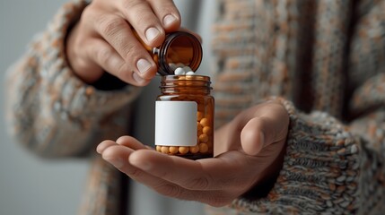 Close-up White pills capsules placed in the hands. Pharmaceutical industry. Man holding bottle, tube on light background. Packaging for pill, Product branding mockup. 