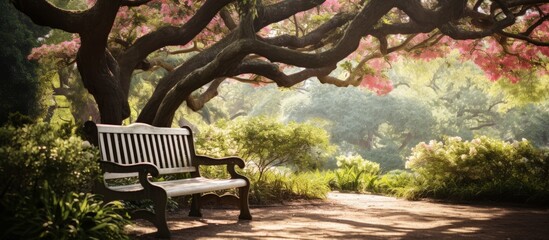 Beneath the lush canopy of a tree in a serene park setting, there is a wooden bench surrounded by delicate pink flowers - obrazy, fototapety, plakaty