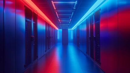 Futuristic data center hallway with rembrandt studio lighting, blue, light blue, and red colors