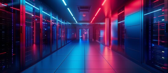 Futuristic data center hallway with rembrandt studio lighting in blue, light blue, and red colors