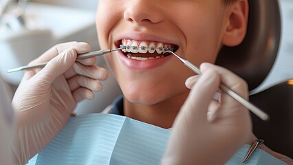 Close-up Dental braces on teeth at dental checkup, smiling man while dentist holding dental tools. Demonstration teeth model of orthodontic bracket. Orthodontic Care Concept. Healthy Smile