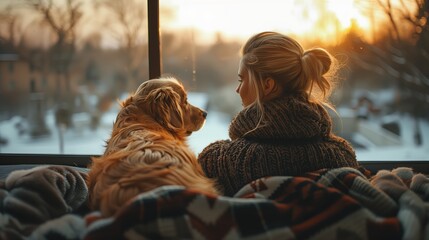 Happy caucasian woman enjoying her dog pet at home, Friendship pet and human lifestyle concept. Young woman and golden retriever enjoying bonding interaction together during daytime.