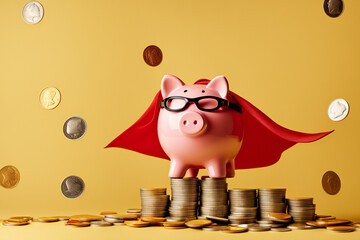 Superhero piggy bank with coins. save money and become a hero concept.