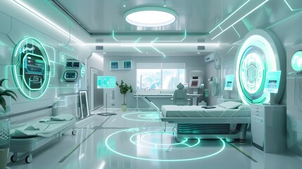 Futuristic hospital room with digital interface and modern medical technology concept