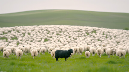 Obraz premium One Black Sheep Among Many White Sheep in a Lush Field