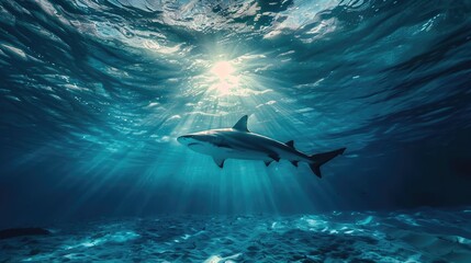 Ocean shark bottom view from below. Underwater blue sea, clear water and sun rays. AI Generated 