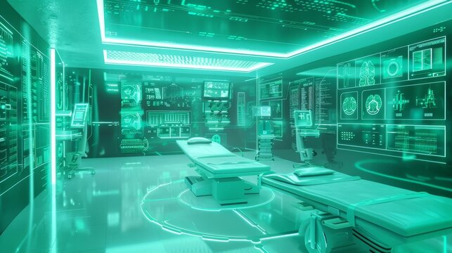 Futuristic hospital room with digital interface, beautiful details, light green and blue colors