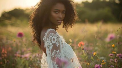A vision of ethereal beauty this black woman stuns in a flowing white dress adorned with intricate lace detailing and sleeves. Her hair is styled in loose romantic curls adding to . - obrazy, fototapety, plakaty