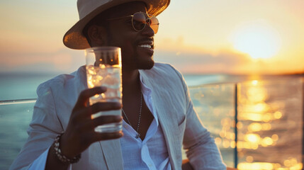 The sun sets over the ocean as a dapper black man sips a cocktail in a trendy rooftop bar. His crisp white shirt and linen blazer pair perfectly with his islandinspired fedora showcasing . - obrazy, fototapety, plakaty