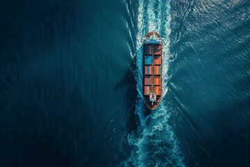 Aerial drone panoramic ultra wide photo of industrial container tanker ship cruising in open ocean deep blue sea