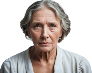 older sad white woman isolated in white/transparent background, cut out