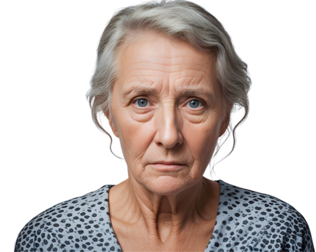 older sad white woman isolated in white/transparent background, cut out