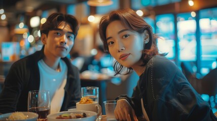 A young Korean couple in a restaurant having dinner and talking. 