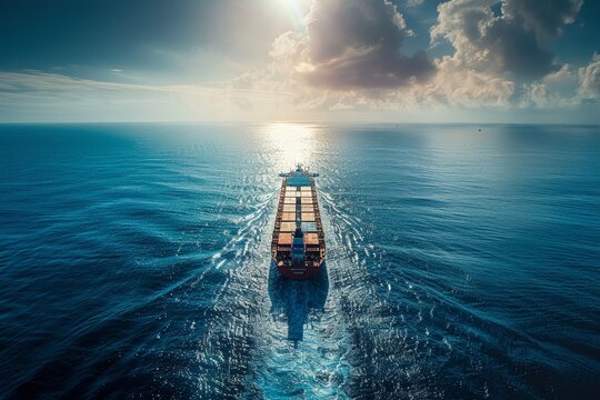Aerial drone panoramic ultra wide photo of industrial truck size container tanker ship cruising in open ocean deep blue sea