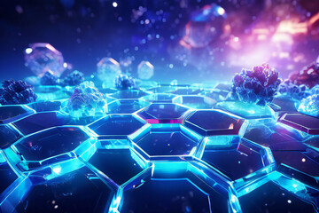 Abstract fractal hexagons background with glowing aura and sparkles.