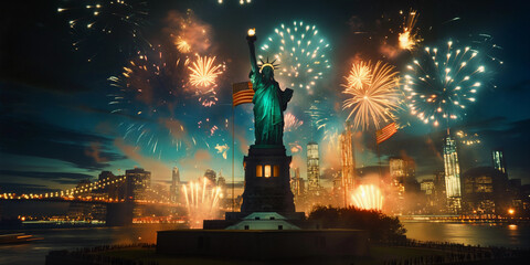 New York Manhattan panorama with Liberty Statue and America USA flag, vanilla sky lots of fireworks...