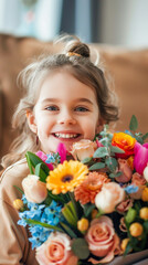 Obraz na płótnie Canvas Happy, smiling kid with bunch of colorful flowers for mothers day or birthday celebration Vertical banner fot smartphone, tiktok or instastory background